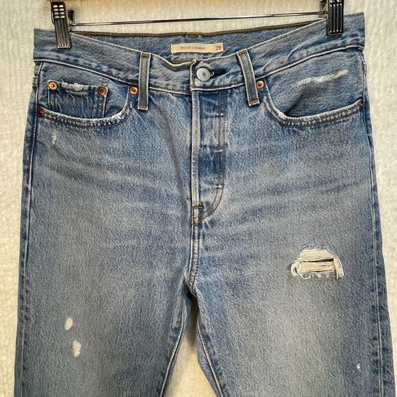 Levi’s Blue Distressed High Rise Crop Wedgie Straight Denim Jeans Size 29 - Picture 2 of 9